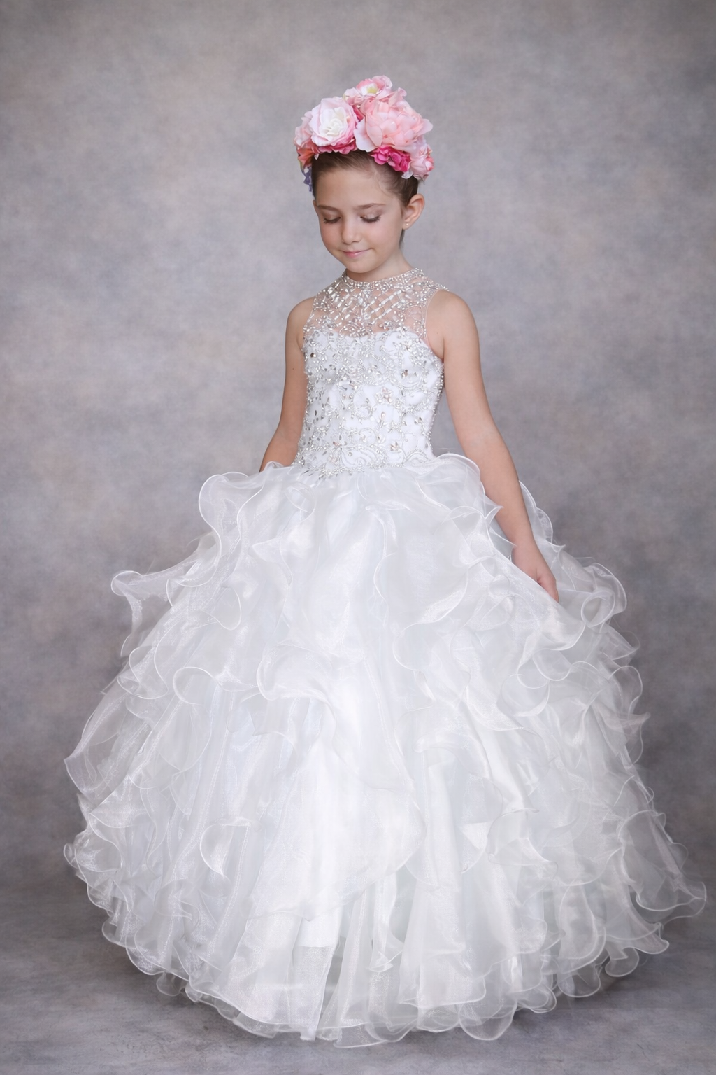 Calla Collection KY-213 girls formal celebration gown showcasing a spectacular, built-in sheer illusion capelet neckline treatment