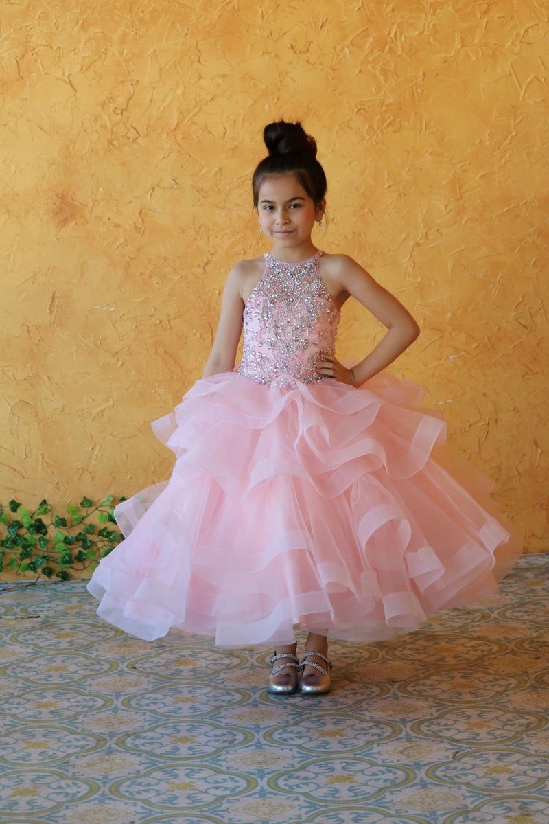 Rhinestones on blush pink high neckline bodice of Calla Collection KY217.