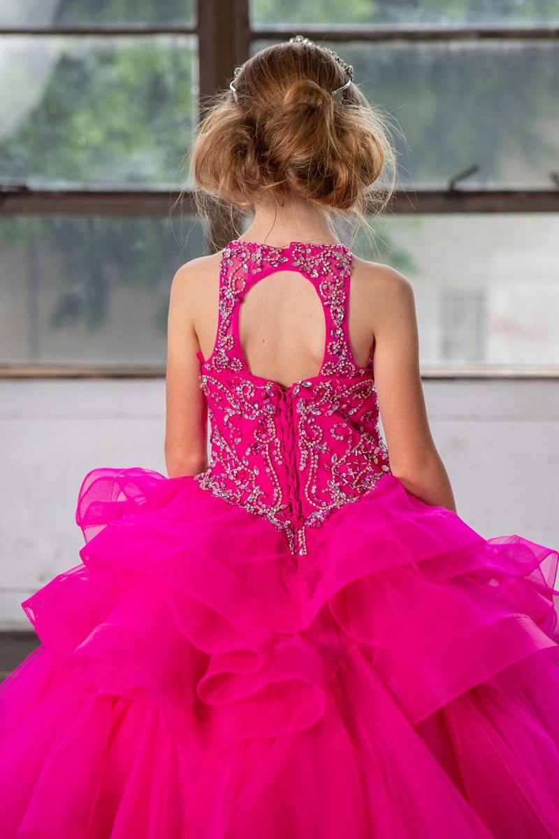 Back view of magenta Calla Collection KY-217 dress with corset lace up closure.