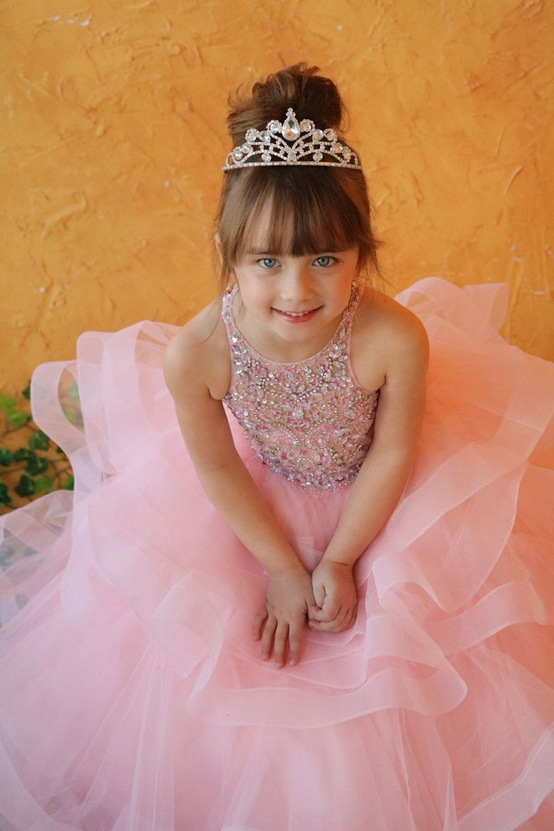 Blush pink Calla Collection KY-217 girls tiered tulle junior bridesmaid dress.