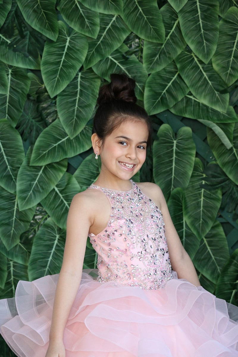 Blush pink Calla Collection KY-217 girls tiered tulle junior bridesmaid dress.