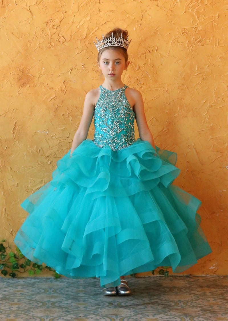 Capri blue Calla Collection KY-217 kids formal A line dress with layered skirt.