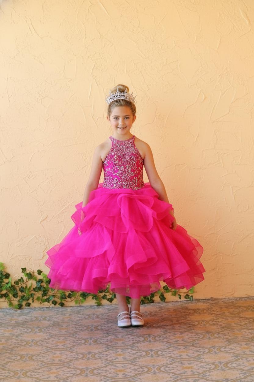 Magenta Calla Collection KY-217 girls high neck formal gown with beaded bodice.