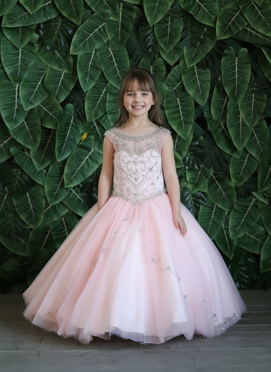 Heavy corded lace appliques and clear seed beads detailing the front torso of Calla Collection KY-220.