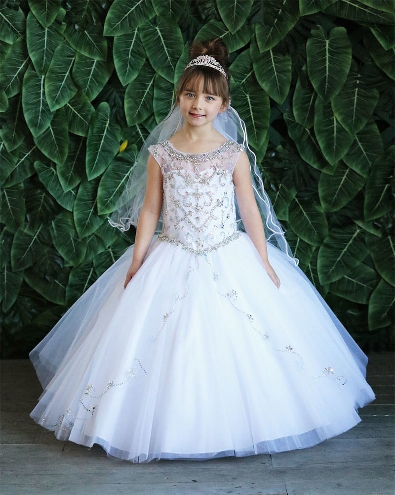 Calla Collection KY-220 white toddler dress featuring a clean jewel neckline overlaying a structured sleeveless bodice frame