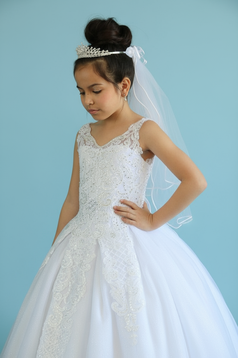 Calla Collection KY-221 formal children's dress with detailed floral lace embroidery