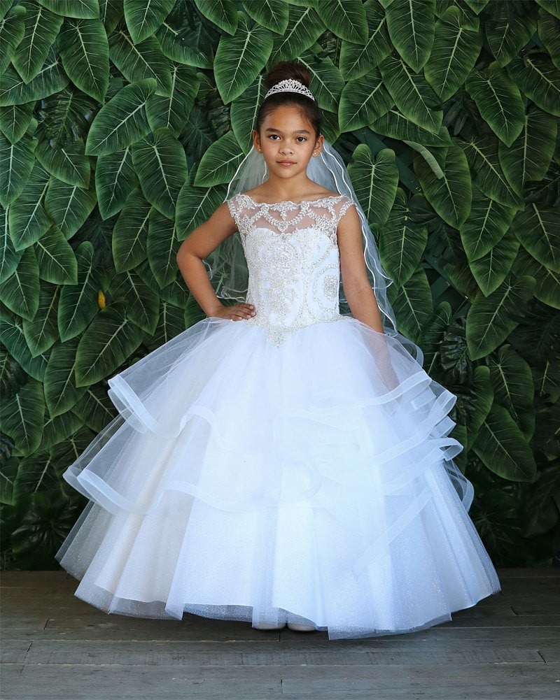Shimmering micro-rhinestones and frosted seed beads covering the structured bodice front of Calla Collection KY-222