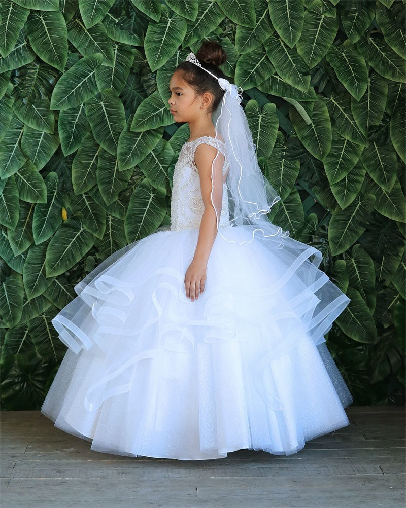 Voluminous floor-sweeping princess skirt showcasing architectural horizontal mesh tiers on the Calla Collection KY-222 dress