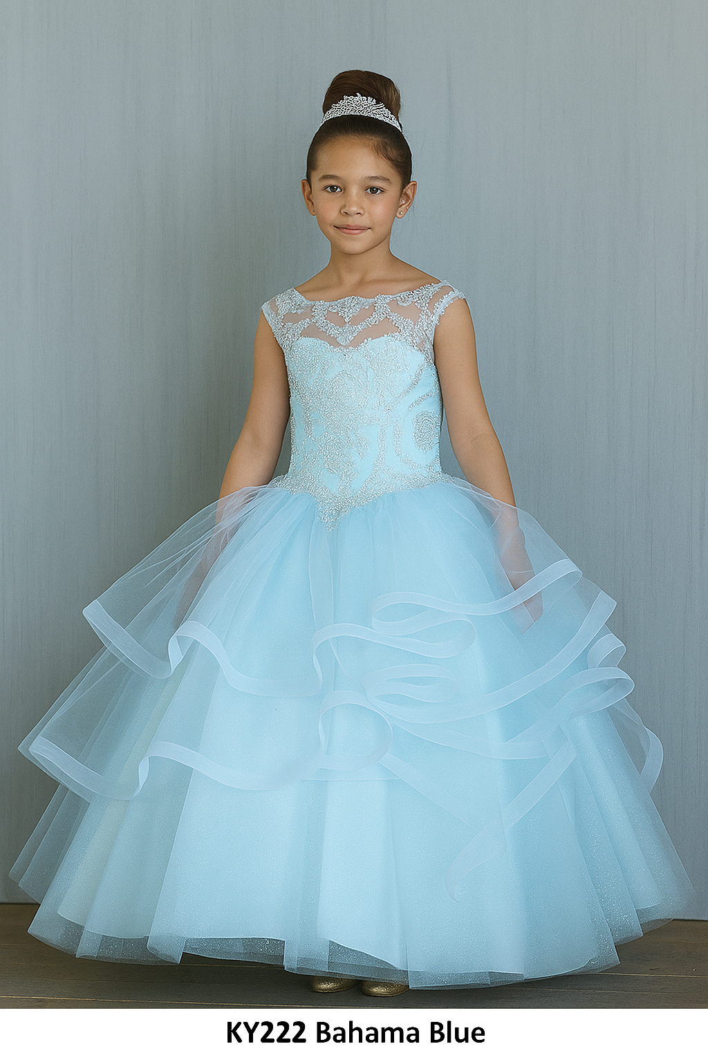 Calla Collection KY-222 girls formal ball gown featuring a fitted scoop neckline bodice woven with tapestry lace