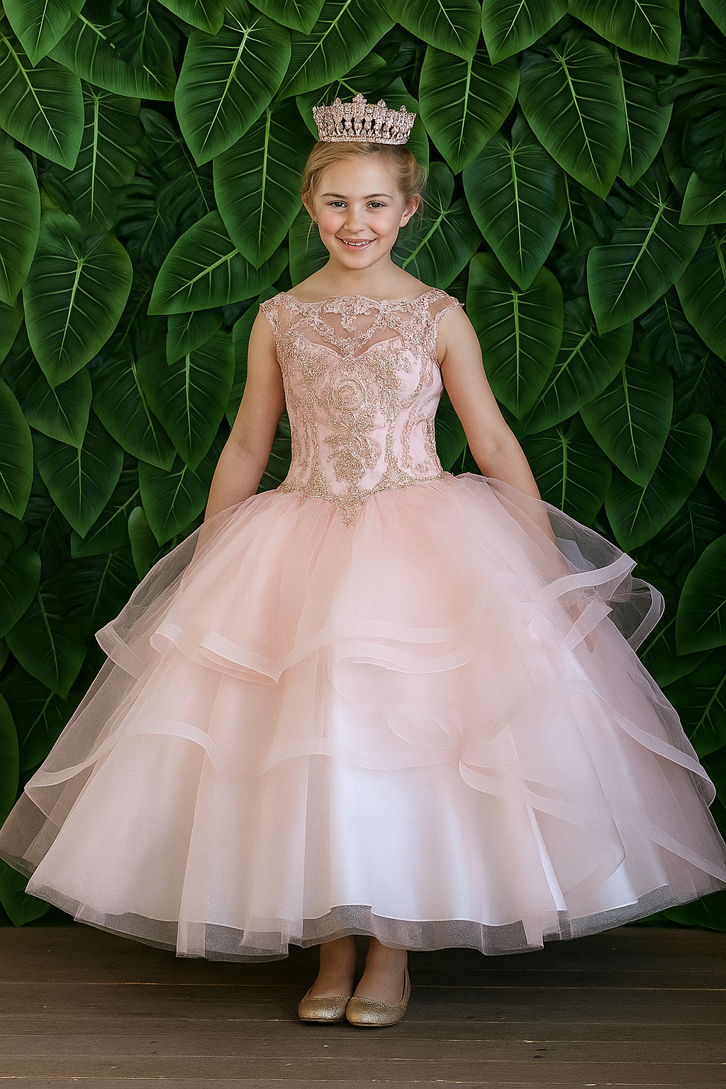 Girls' KY-222 blush pink dress by CALLAcollection, featuring elegant design and soft fabric, displayed on a hanger.