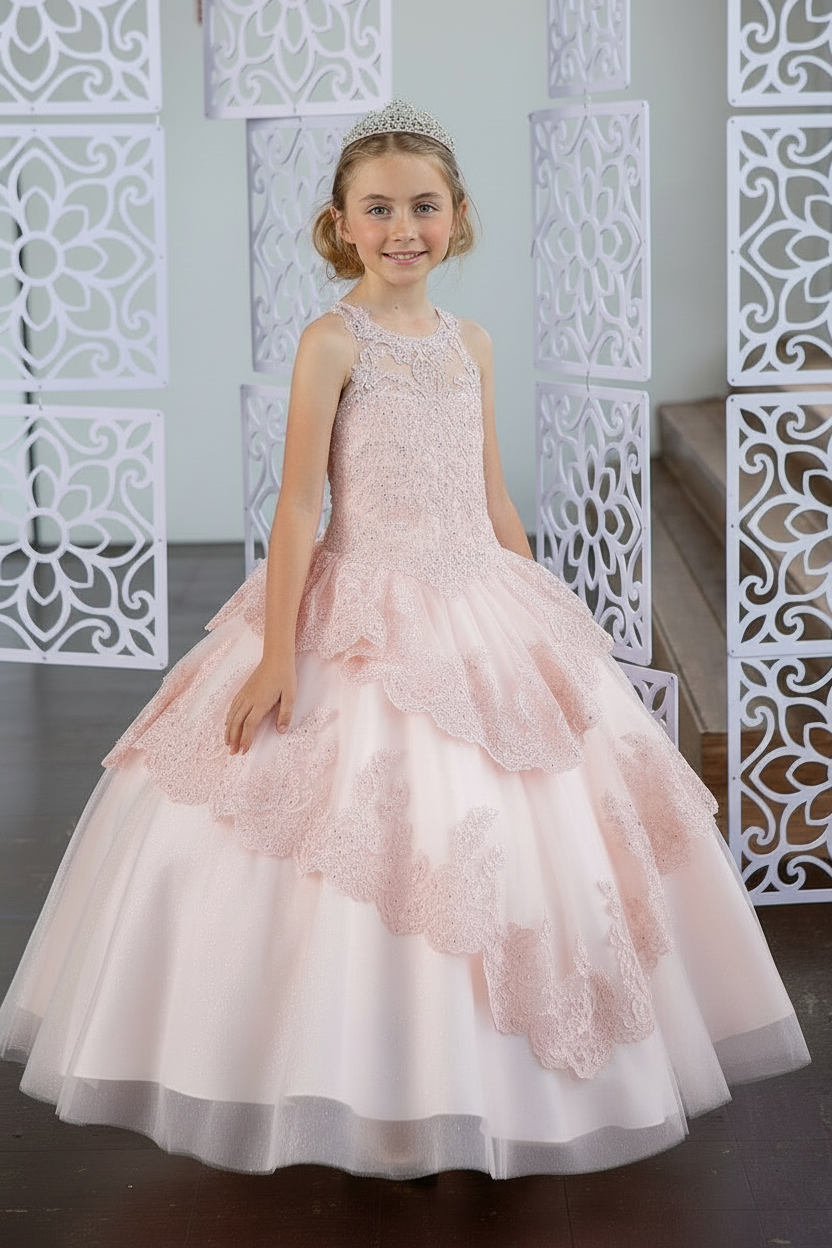Calla Collection KY-224 girls tiered lace ball gown with sleeveless beaded bodice