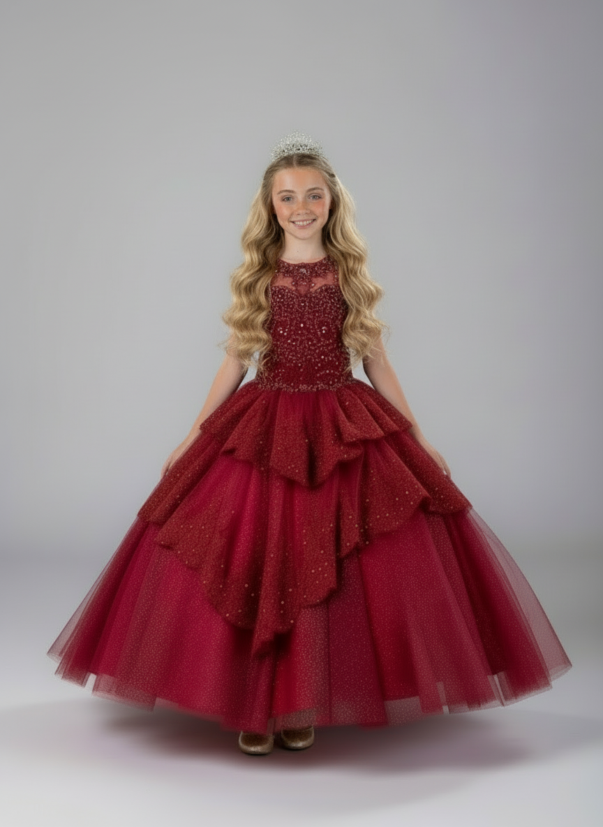 Calla Collection KY-224 formal children's dress featuring detailed floral lace appliques