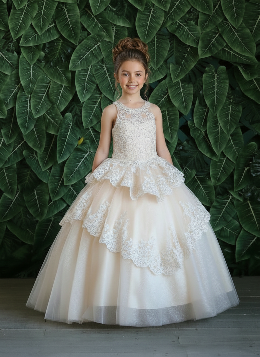 Calla Collection KY-224 elegant special occasion dress with cascading tiered glitter tulle