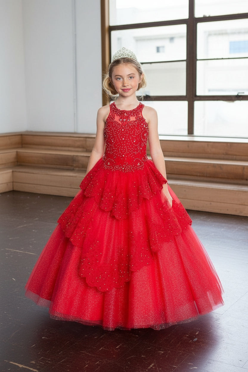 Calla Collection KY-224 elegant First Holy Communion gown with a structured embroidered top