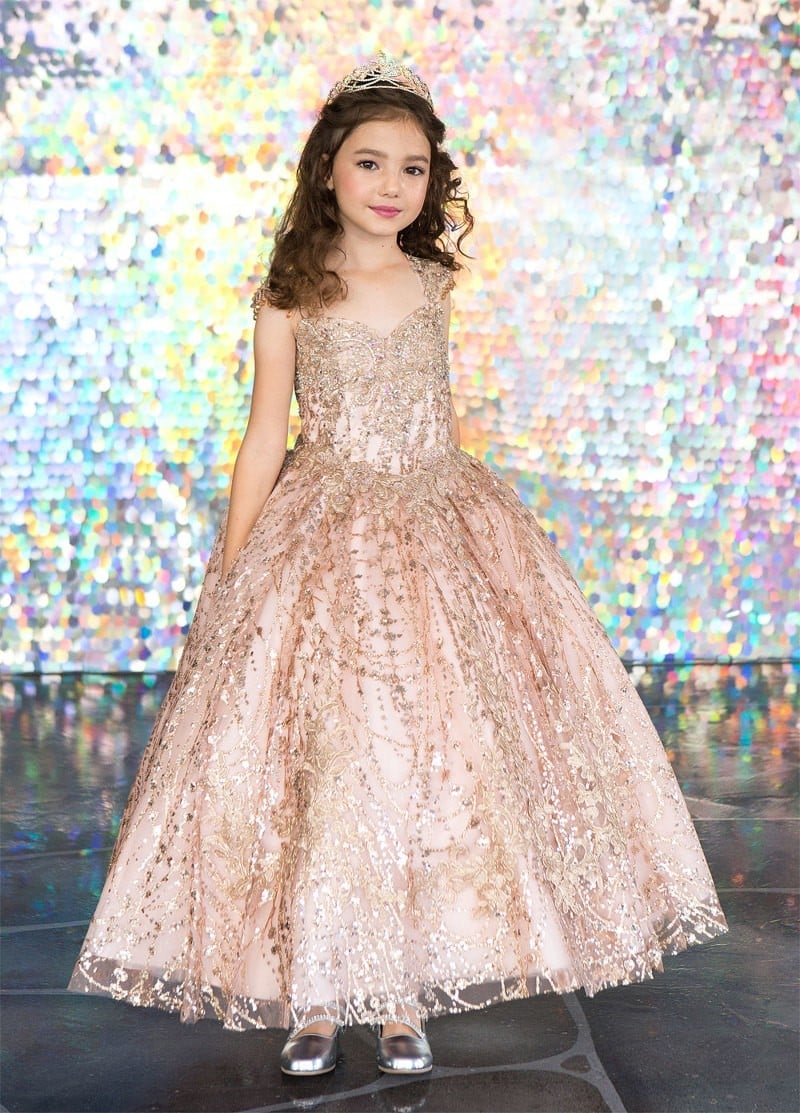 Detailed layout of hand-aligned rhinestone crystals and dense floral lace appliques on the bodice of Calla Collection KY-226
