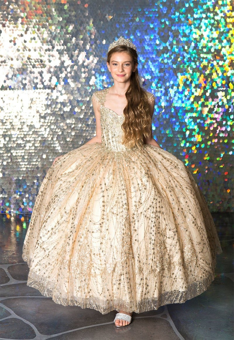 Deep sweeping princess dress profile engineered from premium diamond mesh on Calla Collection KY-226