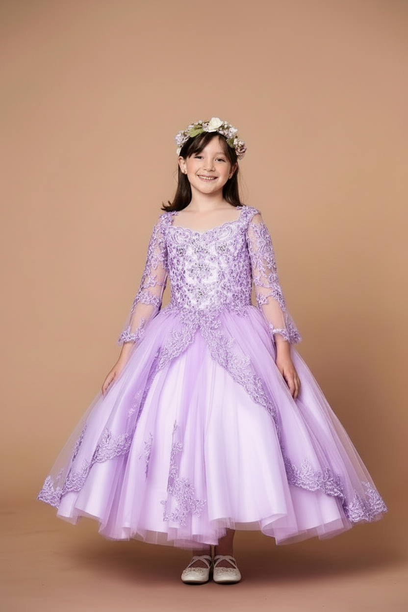 Intricate floral embroidery patterns and shimmering hand-aligned beadwork layered across the Calla Collection KY-229 bodice