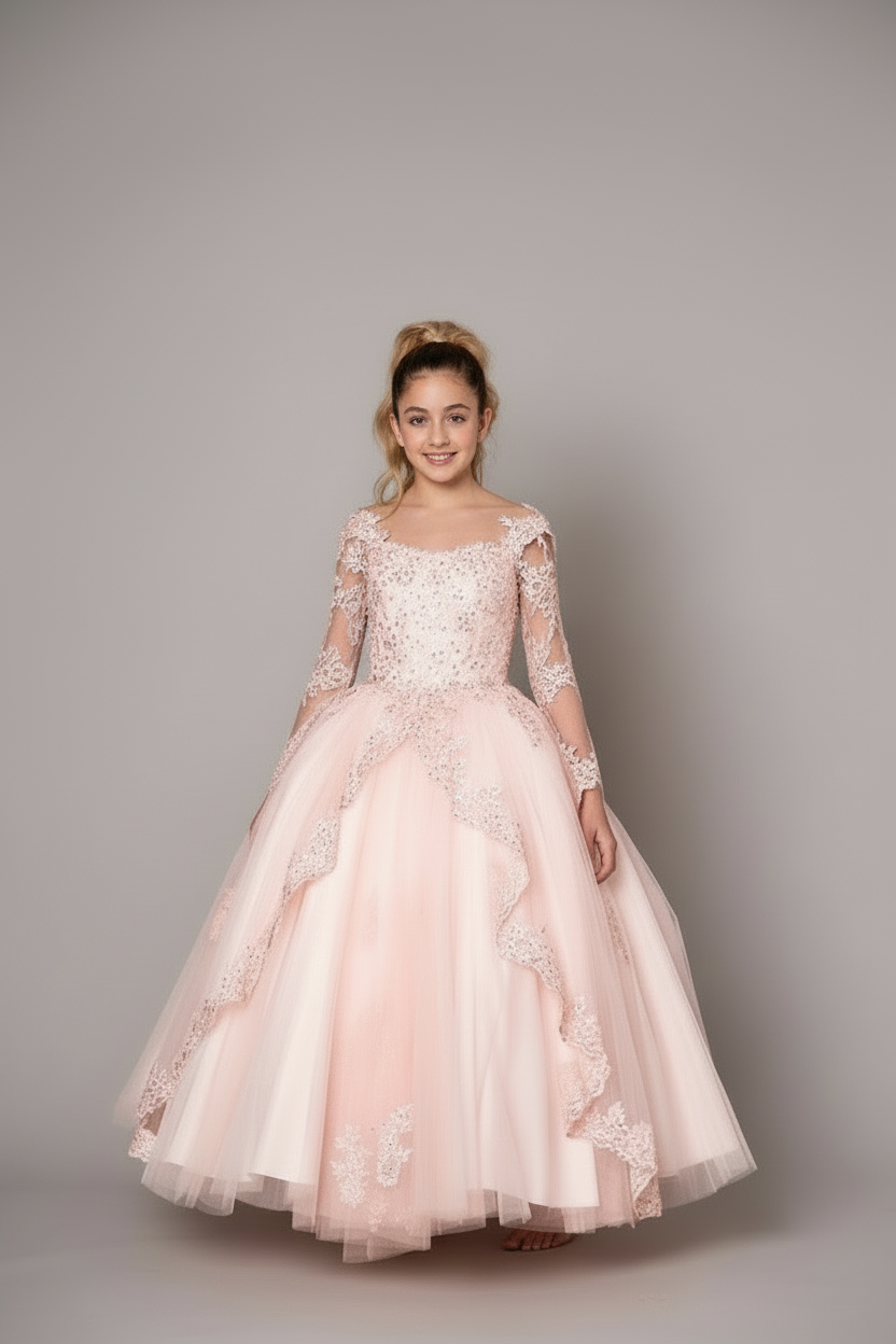Dramatic sheer long sleeves finishing in high-fashion flared long bell cuffs on the Calla Collection KY-229 dress
