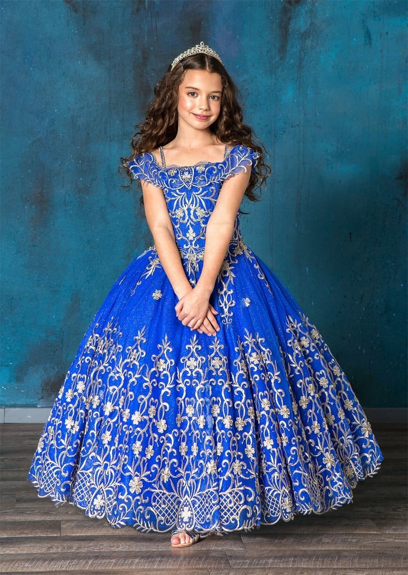Raised botanical embroidery patterns and hand-aligned crystal droplets detailing the bodice of Calla Collection KY-230