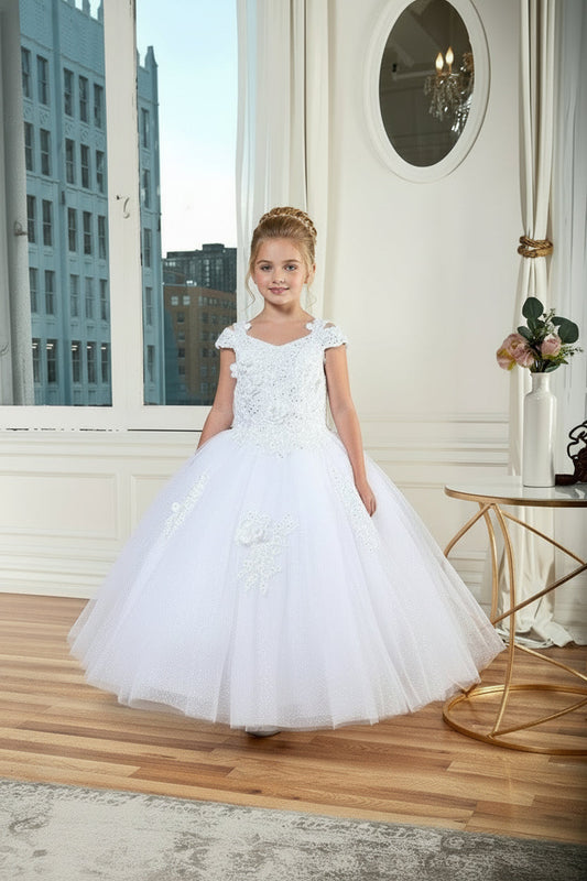 Girls KY-234 WHITE big dress by CALLAcollection displayed on a hanger with a simple background.