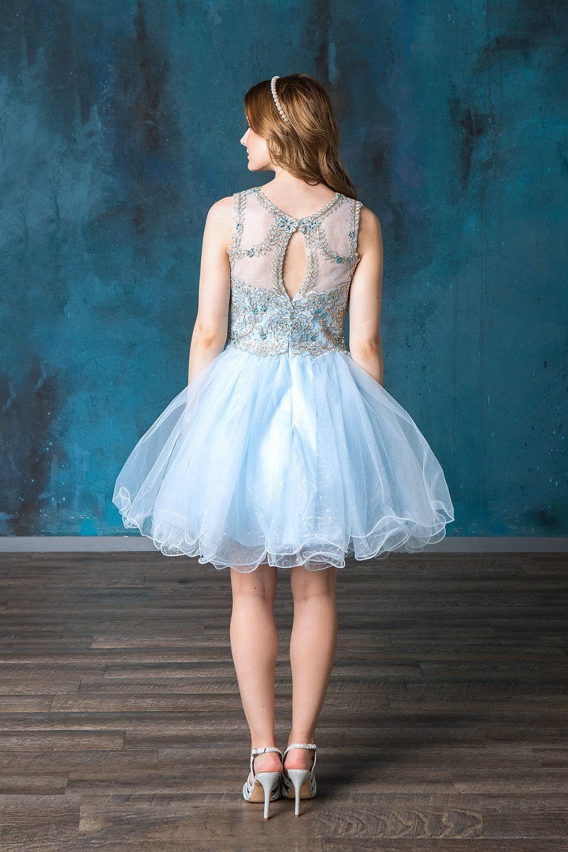 Raised tactile baroque embroidery and multi-faceted stone clusters embellishing the structured boned bodice of Calla Collection KY-70225