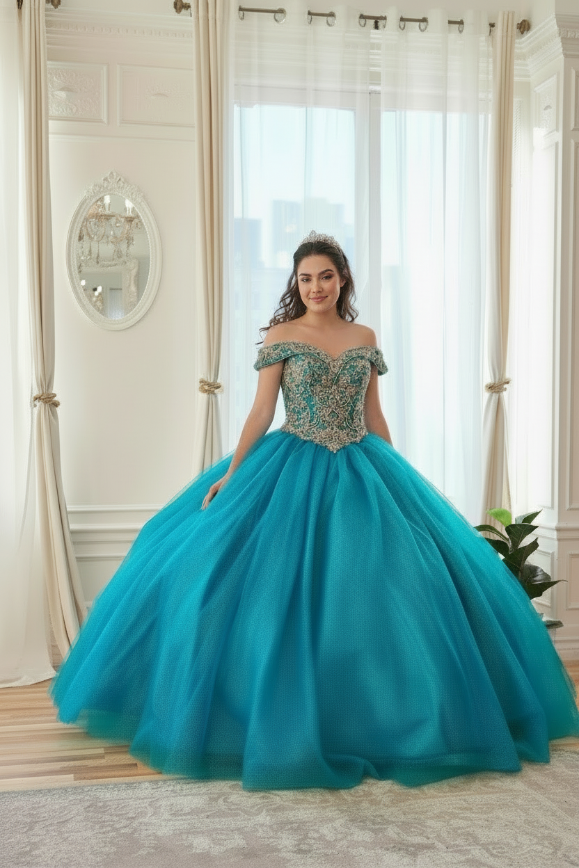 Sweeping cathedral-style ball gown skirt expanding dramatically from the structured natural waistline on the Calla Collection KY-71246 gown