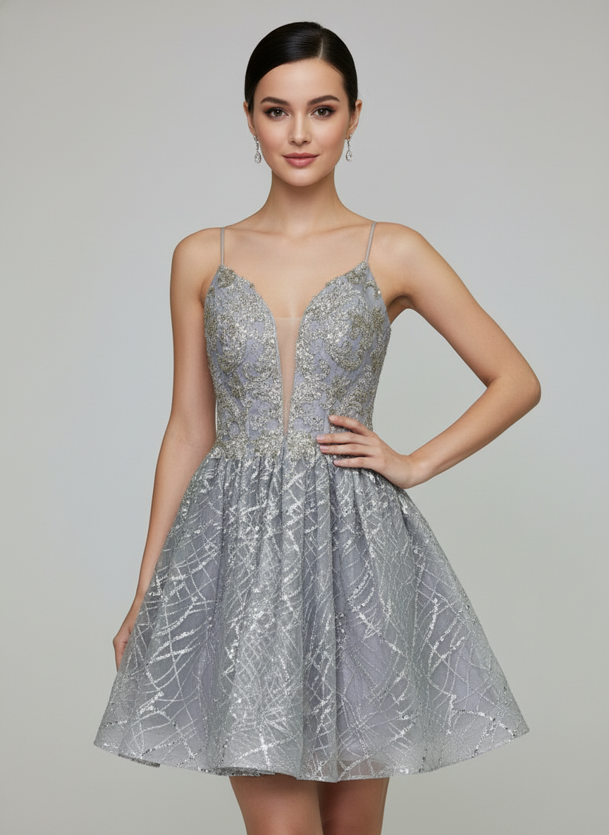 Calla Collection KY-74028 short deep sweetheart glitter dama dress