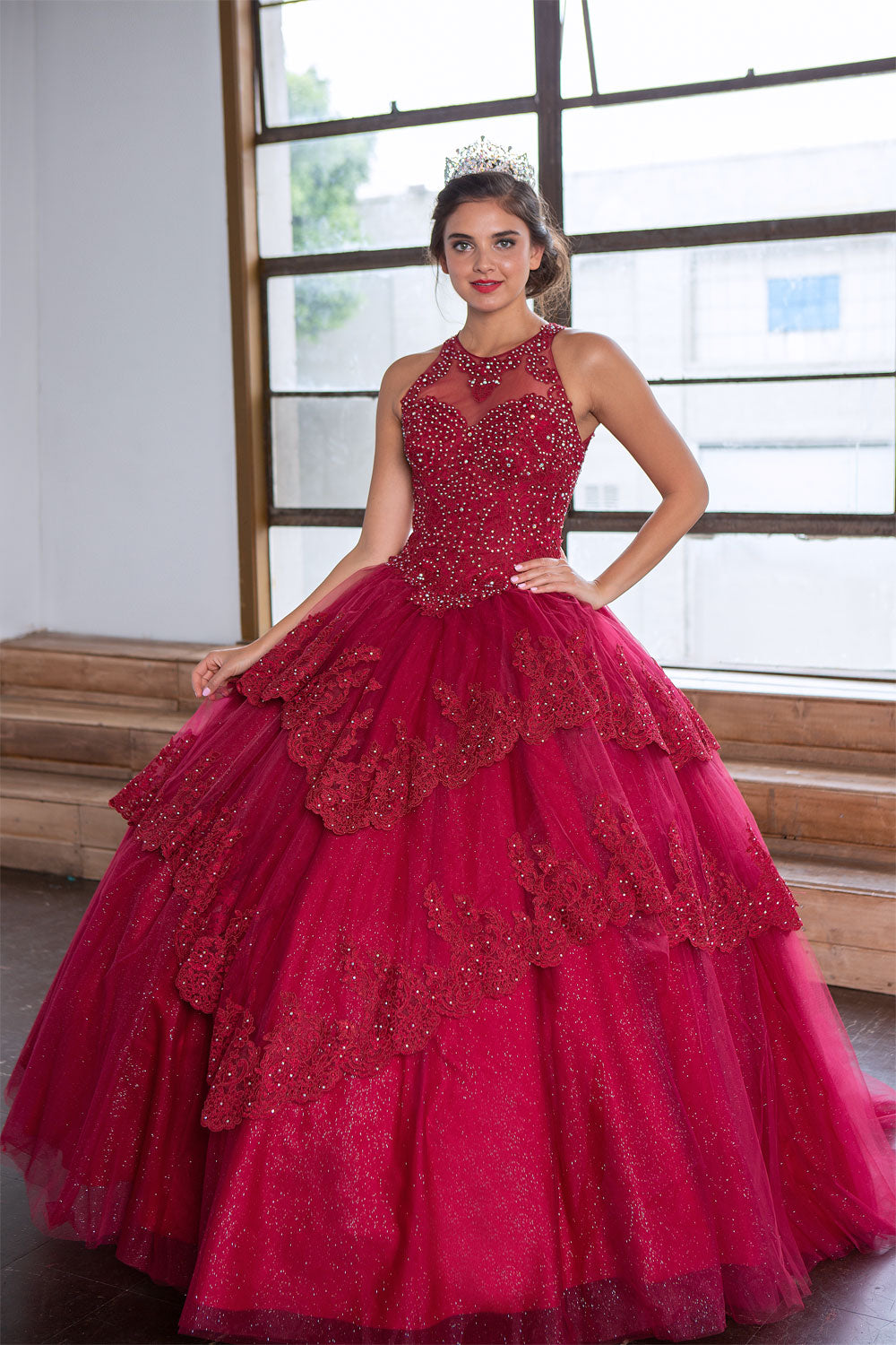 Calla Collection KY-75208 Quinceañera ball gown featuring a spectacular full-length multi-layered skirt silhouette