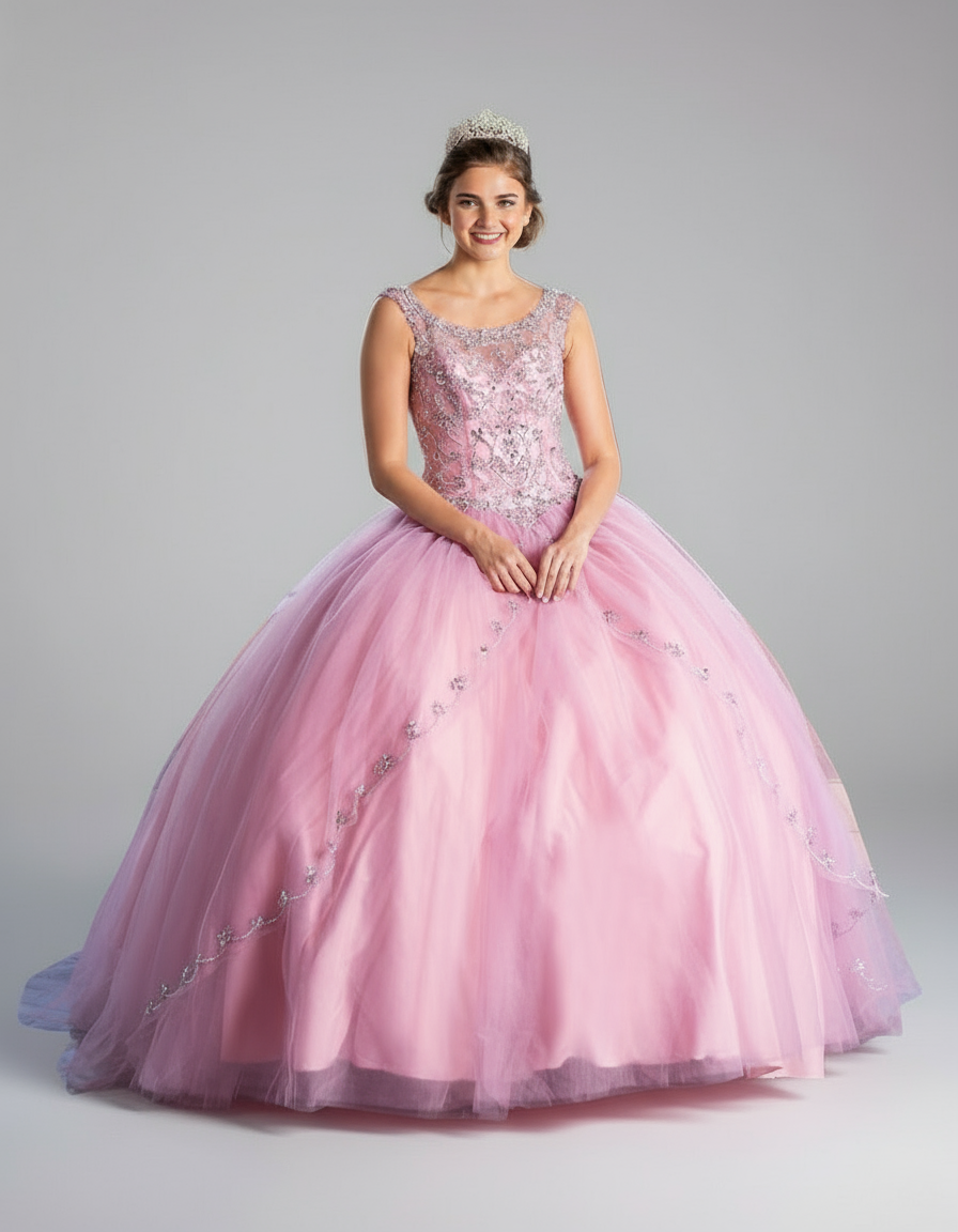 Calla Collection KY-77621 mini Quinceañera ball gown featuring a beautiful stones layer design across the structured bodice