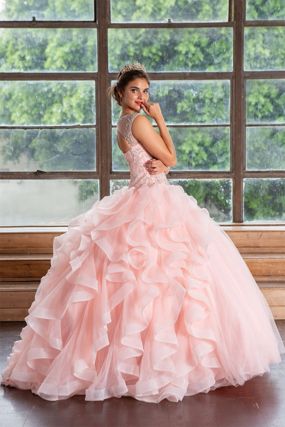 High-volume flowing tiers draping gracefully into a grand formal floor-length statement on Calla Collection KY-79288