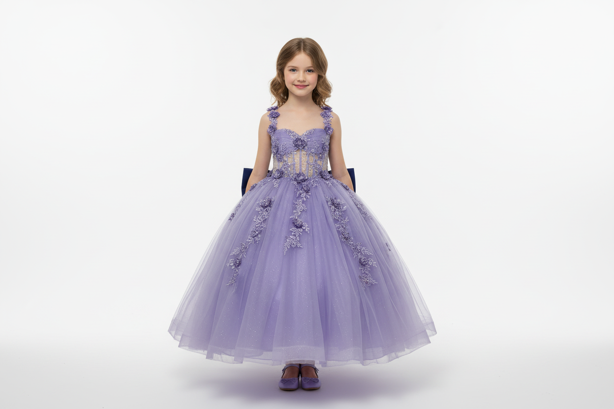Symmetrical frontal view of the Calla Collection SCK-328 gown highlighting the crystal-encrusted sheer bodice and defined waistline.