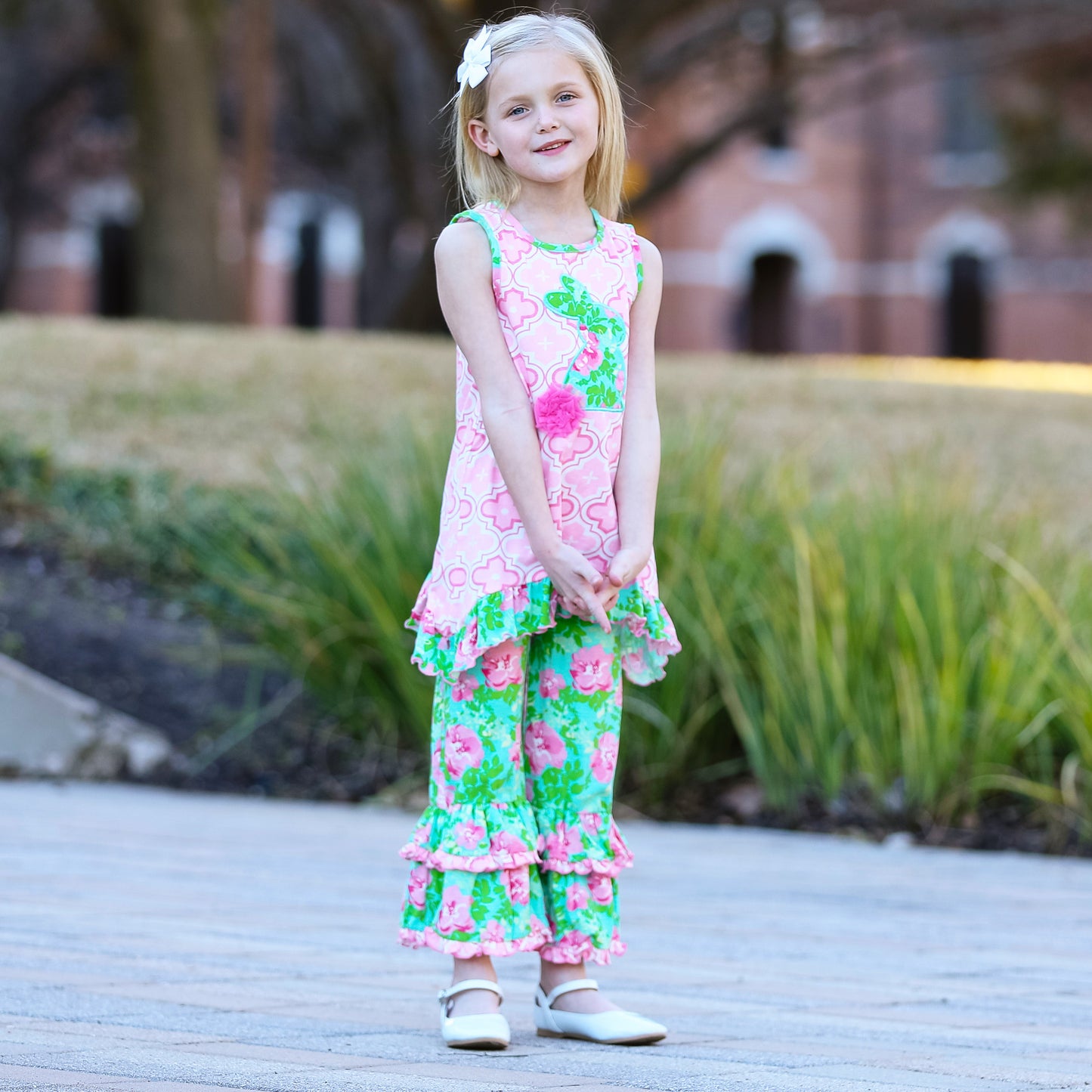AnnLoren Big Little Girls Easter Bunny Tunic Spring Floral Ruffle Capri Pants Outfit