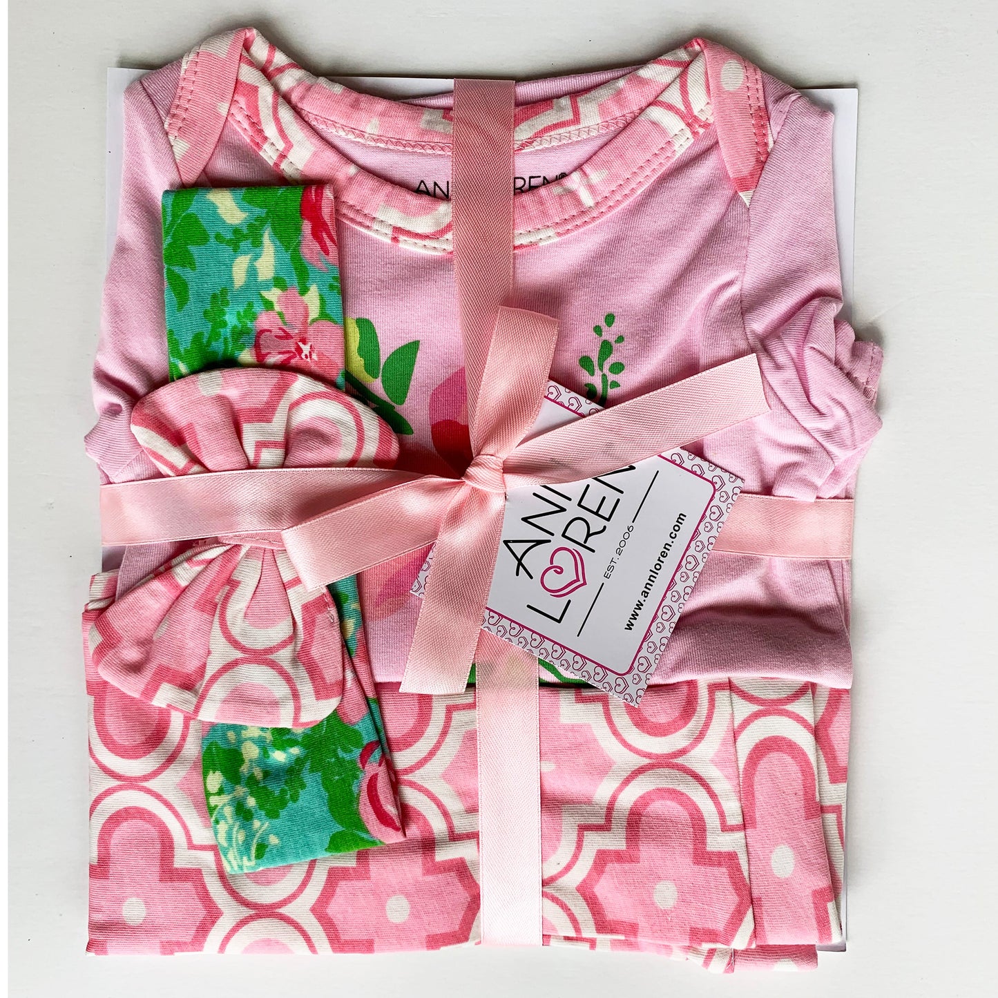 AnnLoren Baby Girls Layette Pink Arabesque Floral Onesie Pants Headband 3pc Gift Set Clothing Sizes 3M - 18M