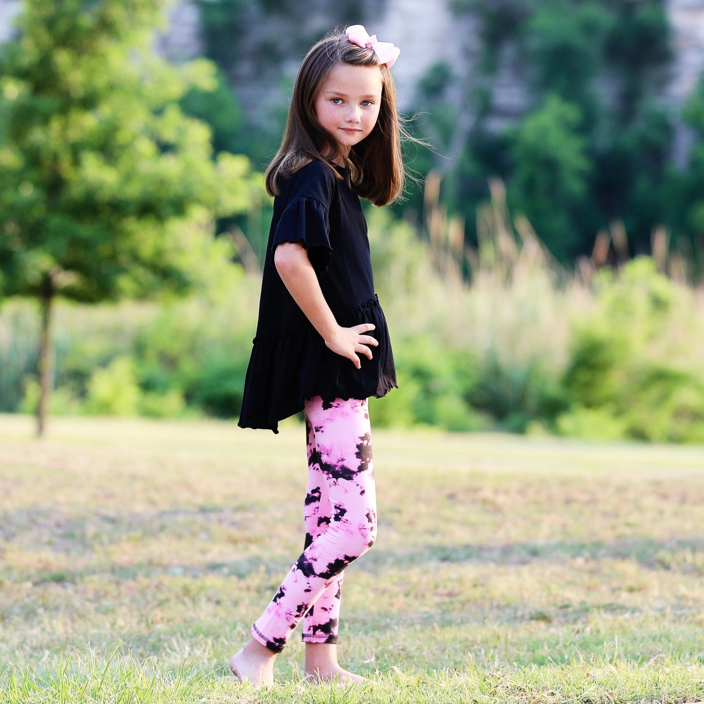 AnnLoren Baby Toddler Big Girls Boutique Black and Pink Tie Dye Leggings