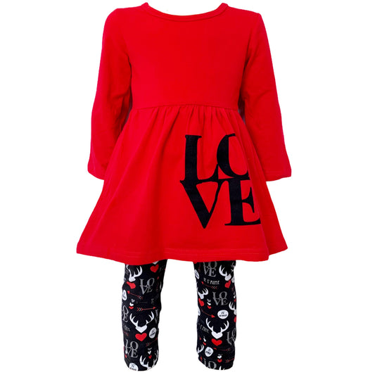 Girls Valentine's Day LOVE Red Long Sleeve Tunic Leggings & Scarf Clothing Set