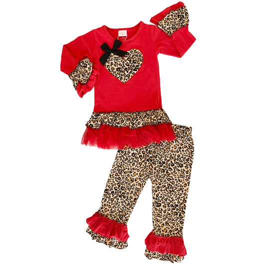 Girls Valentine's Day Leopard Heart Long Sleeve Tunic & Ruffle Pants Set