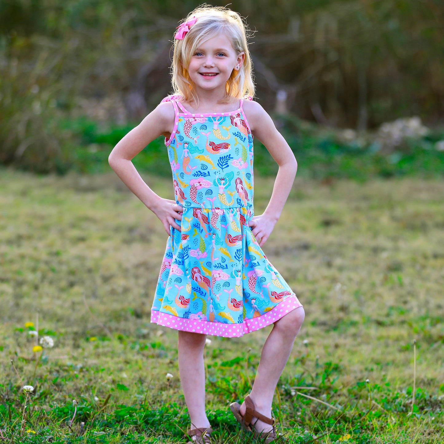 AnnLoren Little Big Girls Mermaid Sea Creatures Dress Cotton Knit Sleeveless Spaghetti Straps Clothes