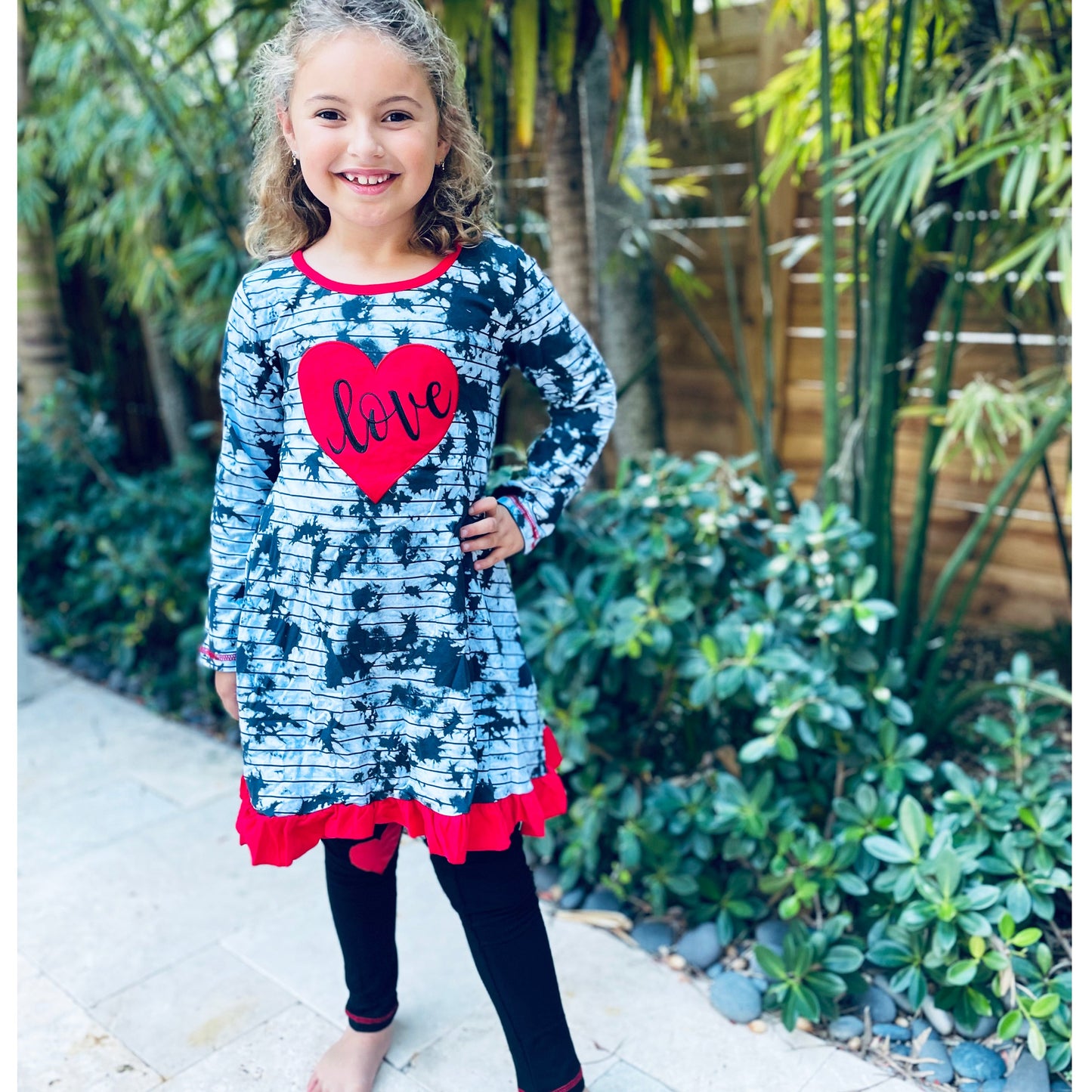 AnnLoren Girls Valentine's Day Heart Tie Dye Outfit Dress and Black Leggings