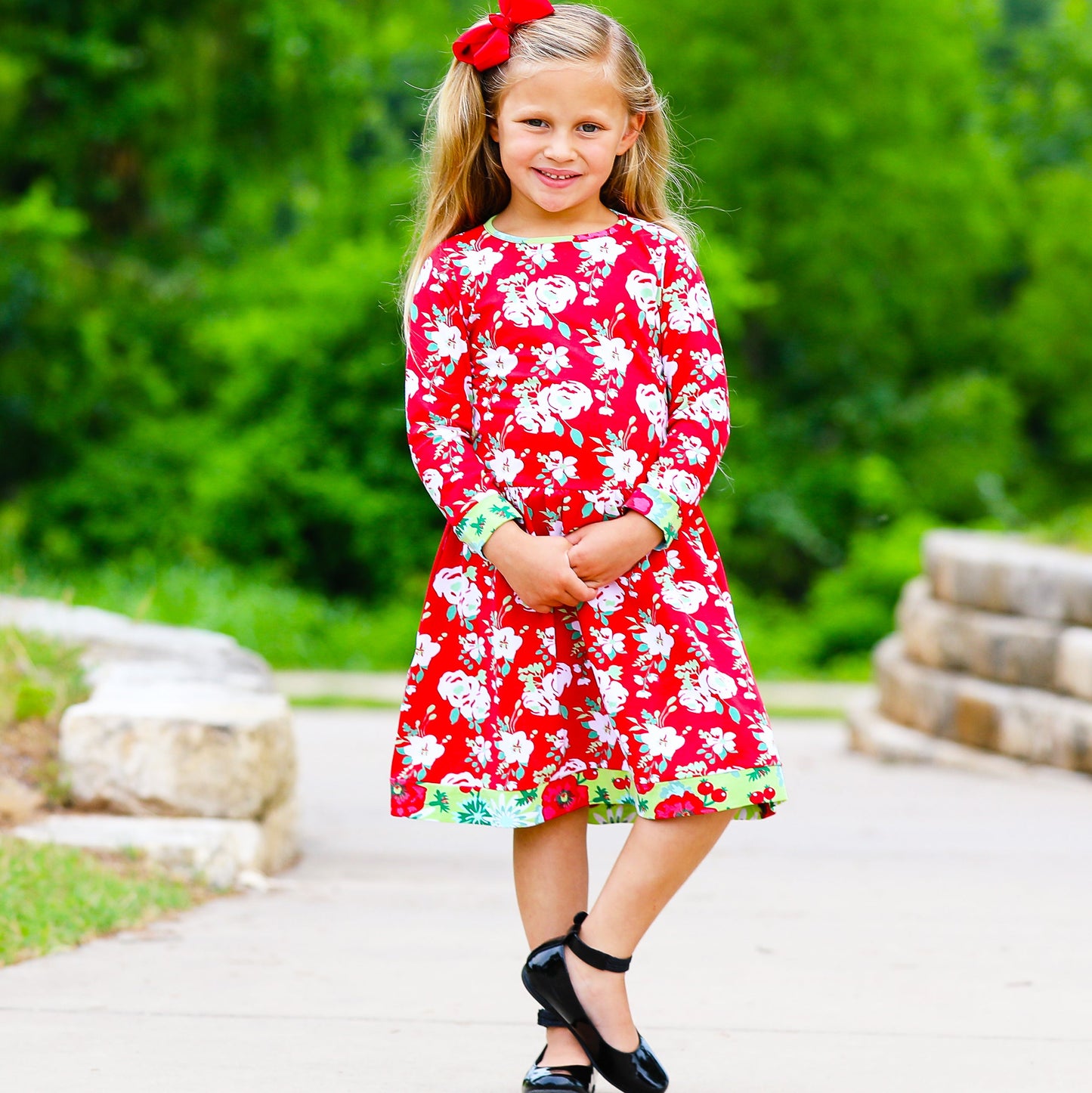 AnnLoren Girls Boutique Christmas Floral Long Sleeve Cotton Party Dress