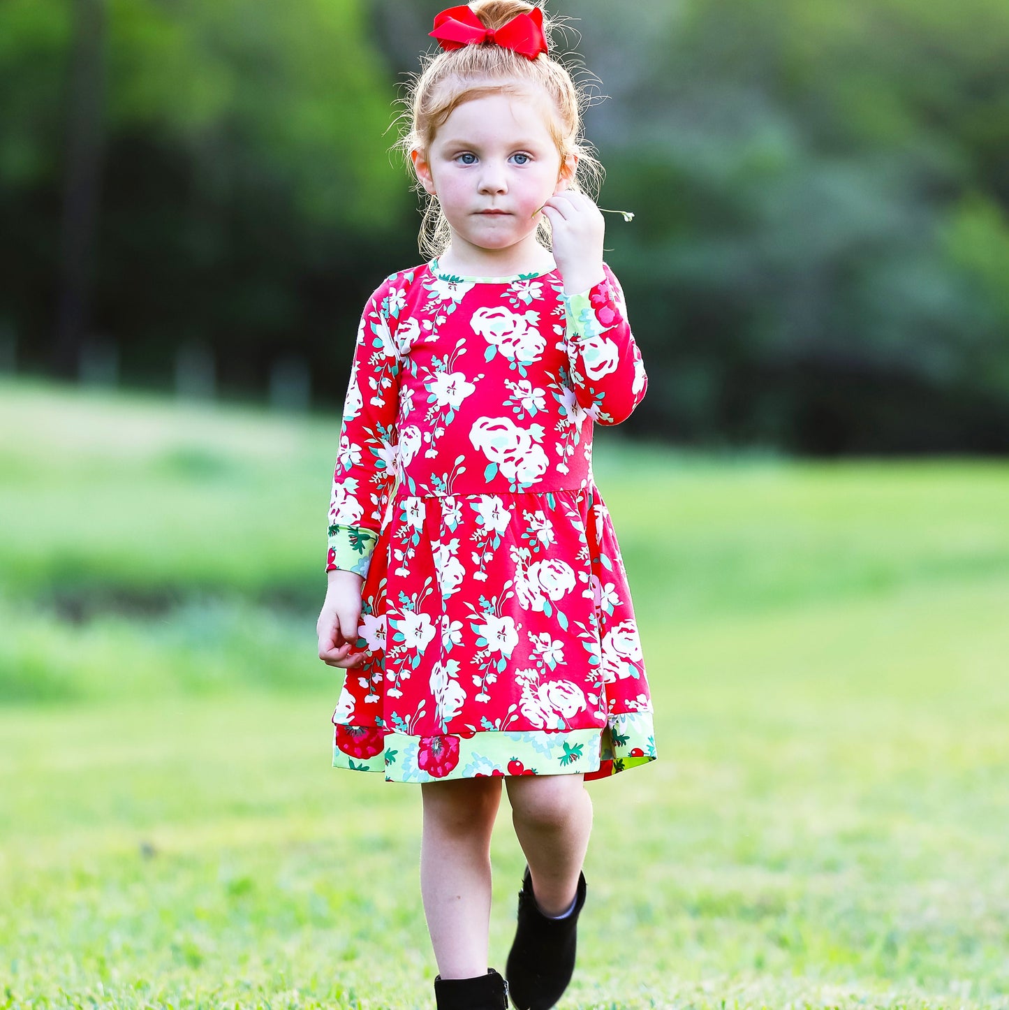 AnnLoren Girls Boutique Christmas Floral Long Sleeve Cotton Party Dress