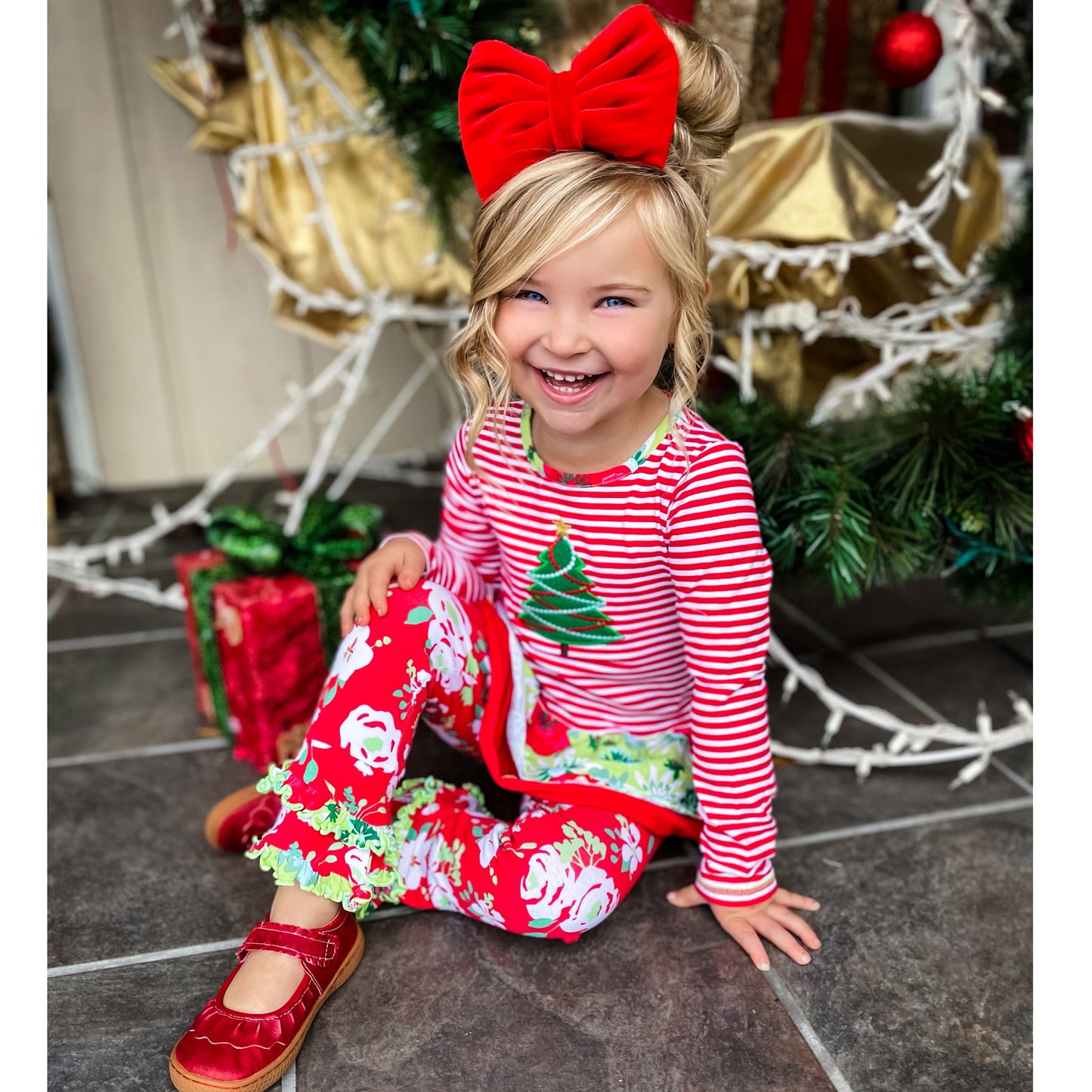 AnnLoren Girls Boutique Christmas Tree Holiday Tunic and Floral Ruffle Pants