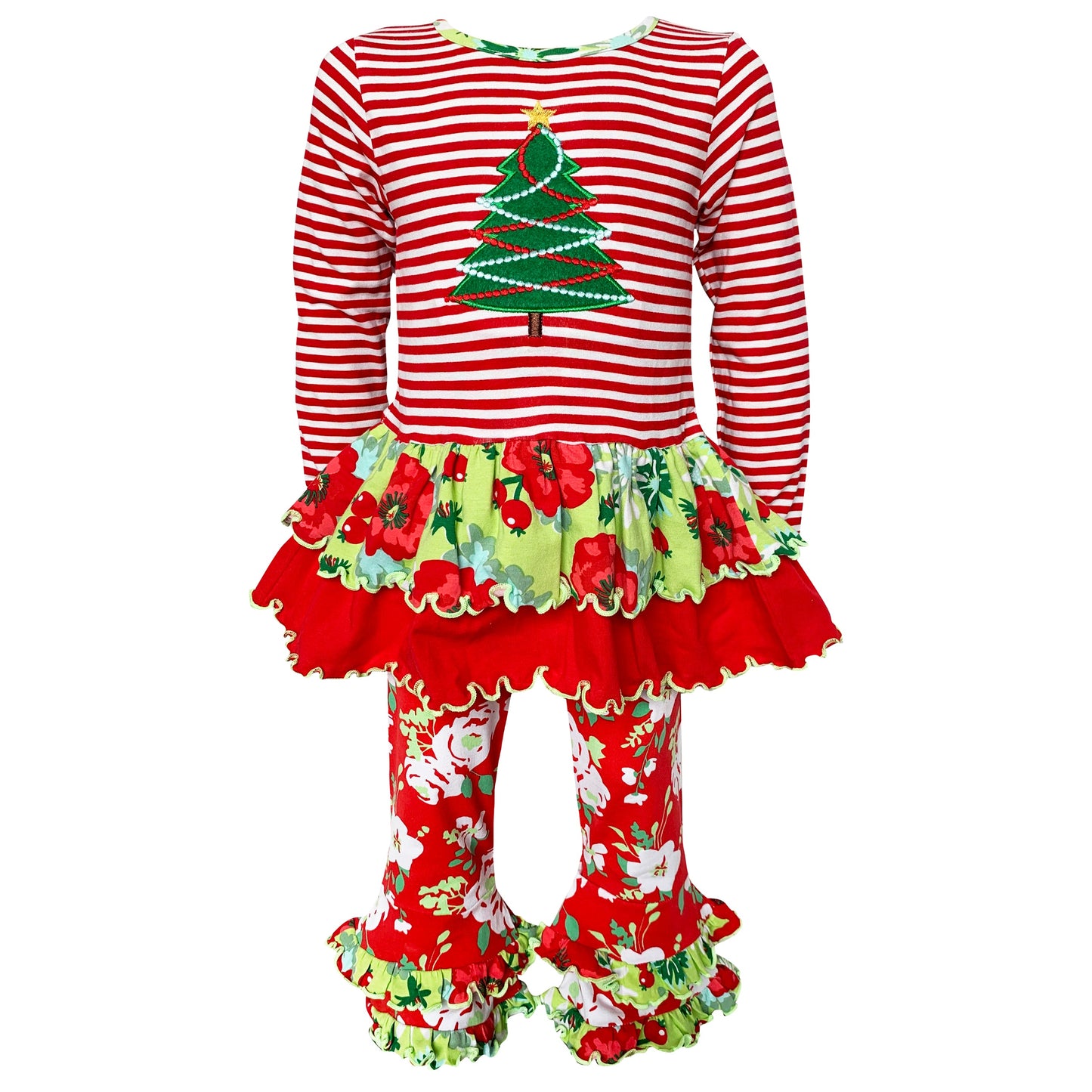 AnnLoren Girls Boutique Christmas Tree Holiday Tunic and Floral Ruffle Pants