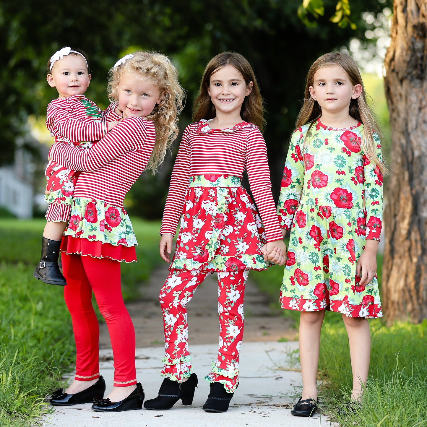 AnnLoren Little & Big Girls Boutique Red Christmas Floral Holiday Dress Legging Set
