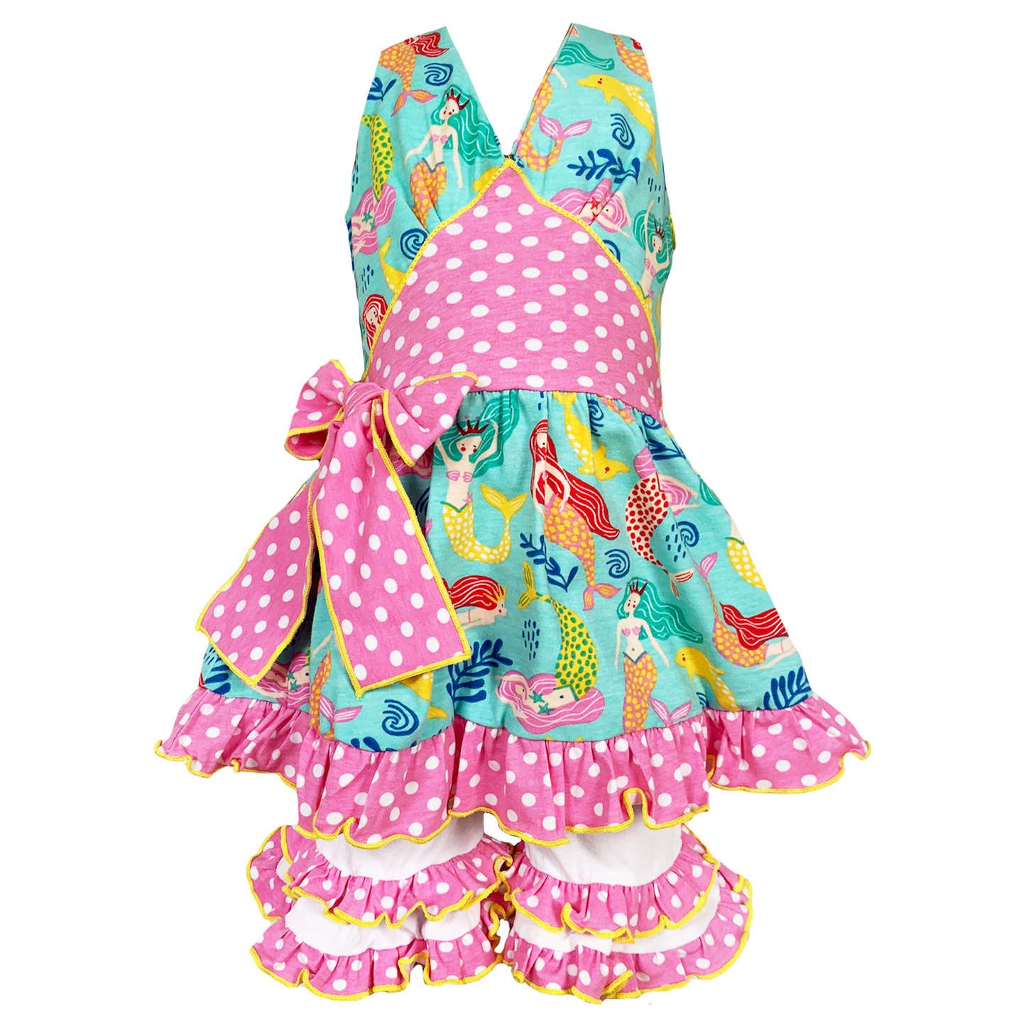 AnnLoren Girls Mermaid Halter Dress & White Ruffle Shorts Boutique Set