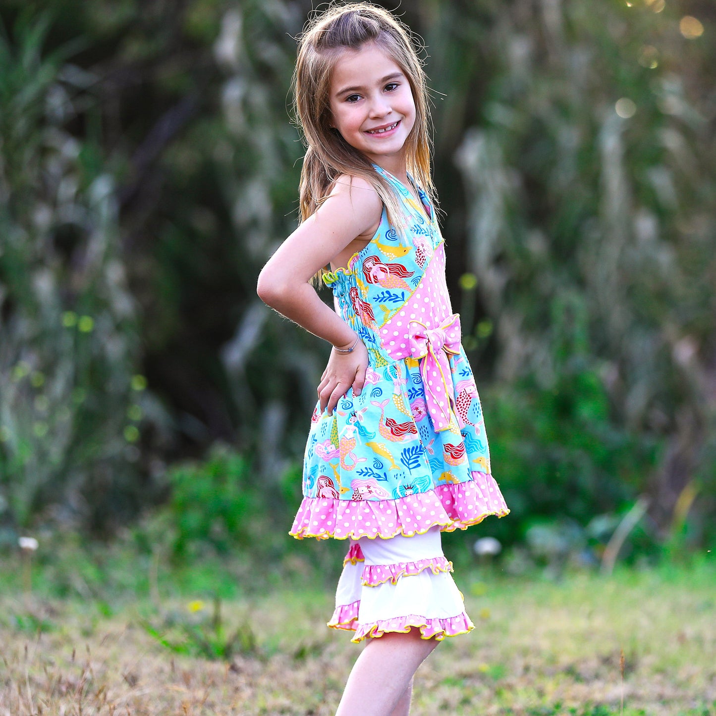 AnnLoren Girls Mermaid Halter Dress & White Ruffle Shorts Boutique Set