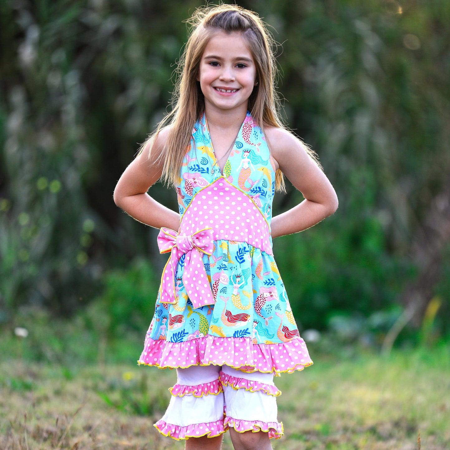 AnnLoren Girls Mermaid Halter Dress & White Ruffle Shorts Boutique Set