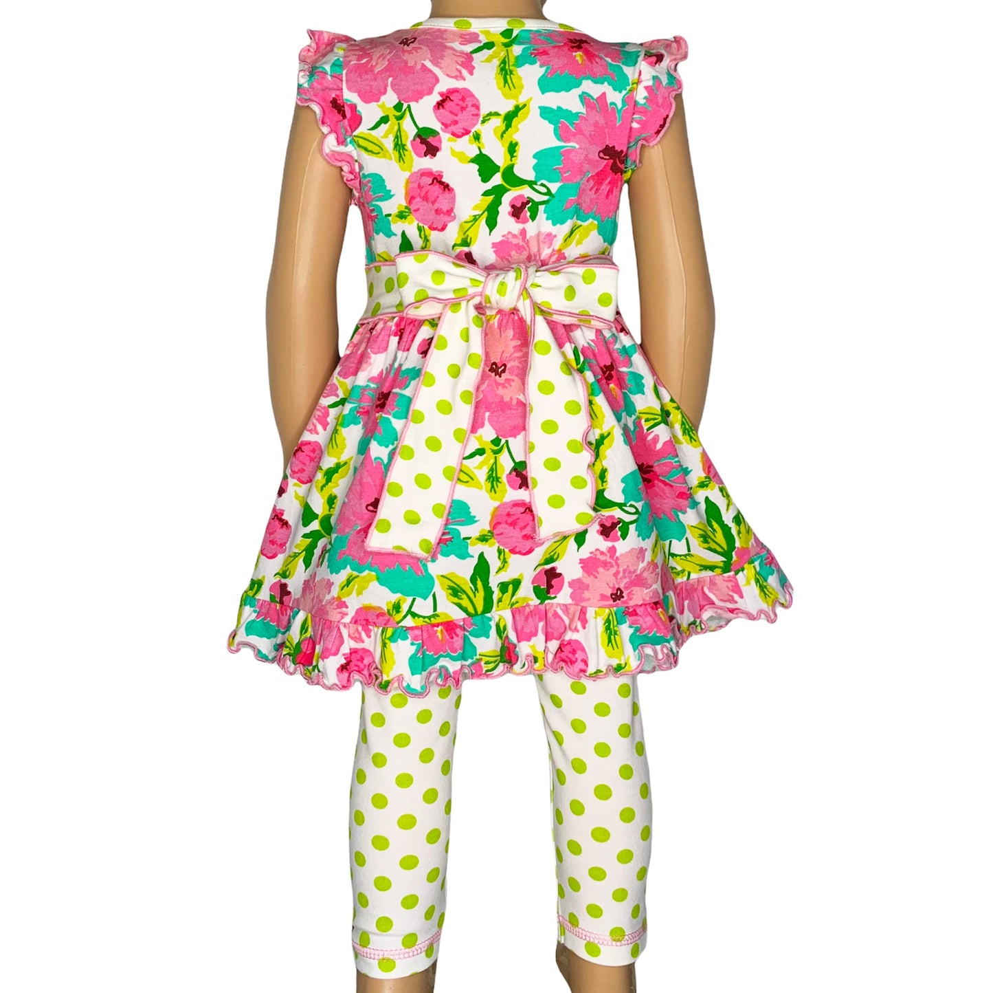 AnnLoren Little Girls Spring Floral Dress Polka Dot Capri Leggings