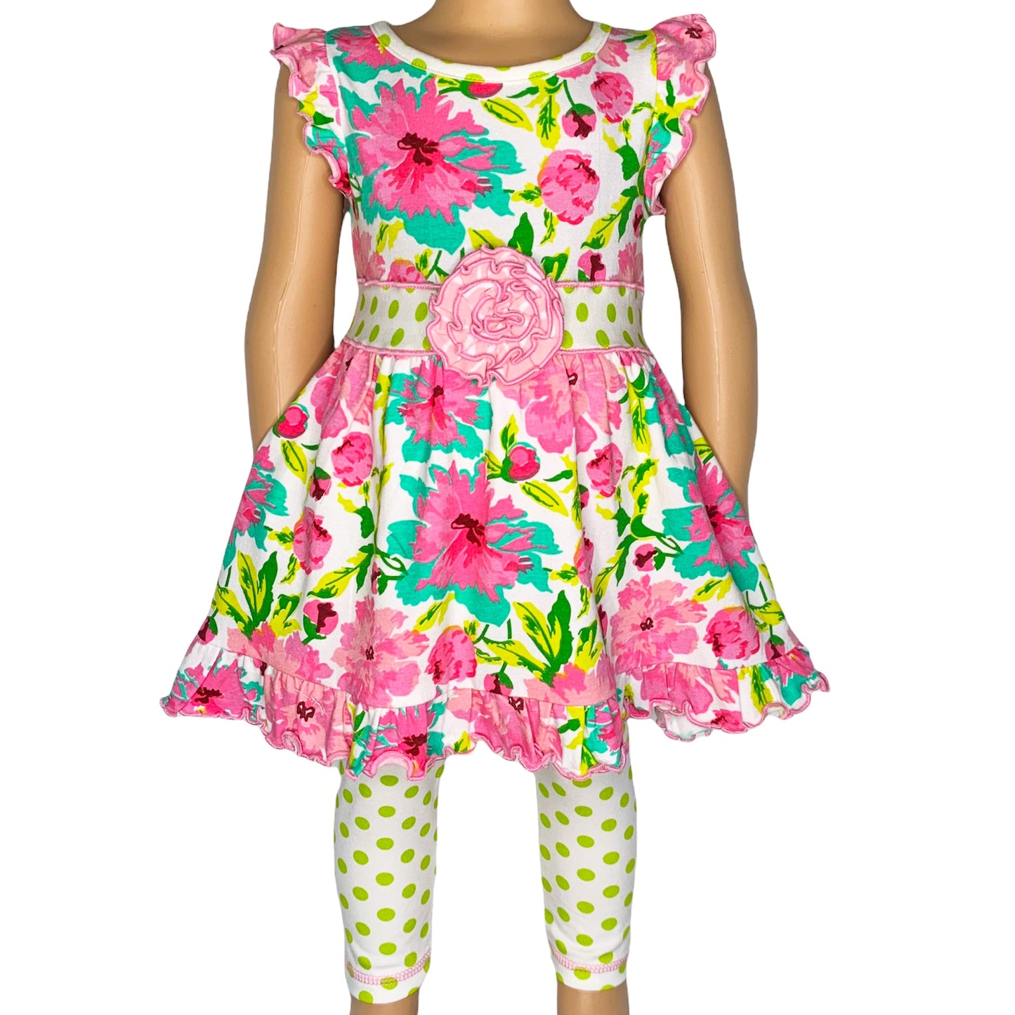 AnnLoren Little Girls Spring Floral Dress Polka Dot Capri Leggings