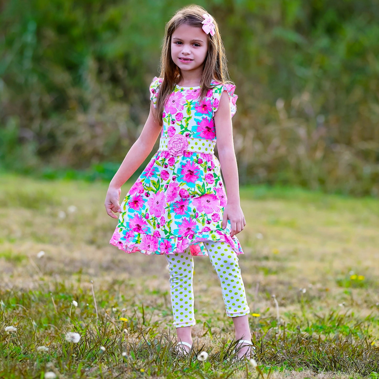 AnnLoren Little Girls Spring Floral Dress Polka Dot Capri Leggings