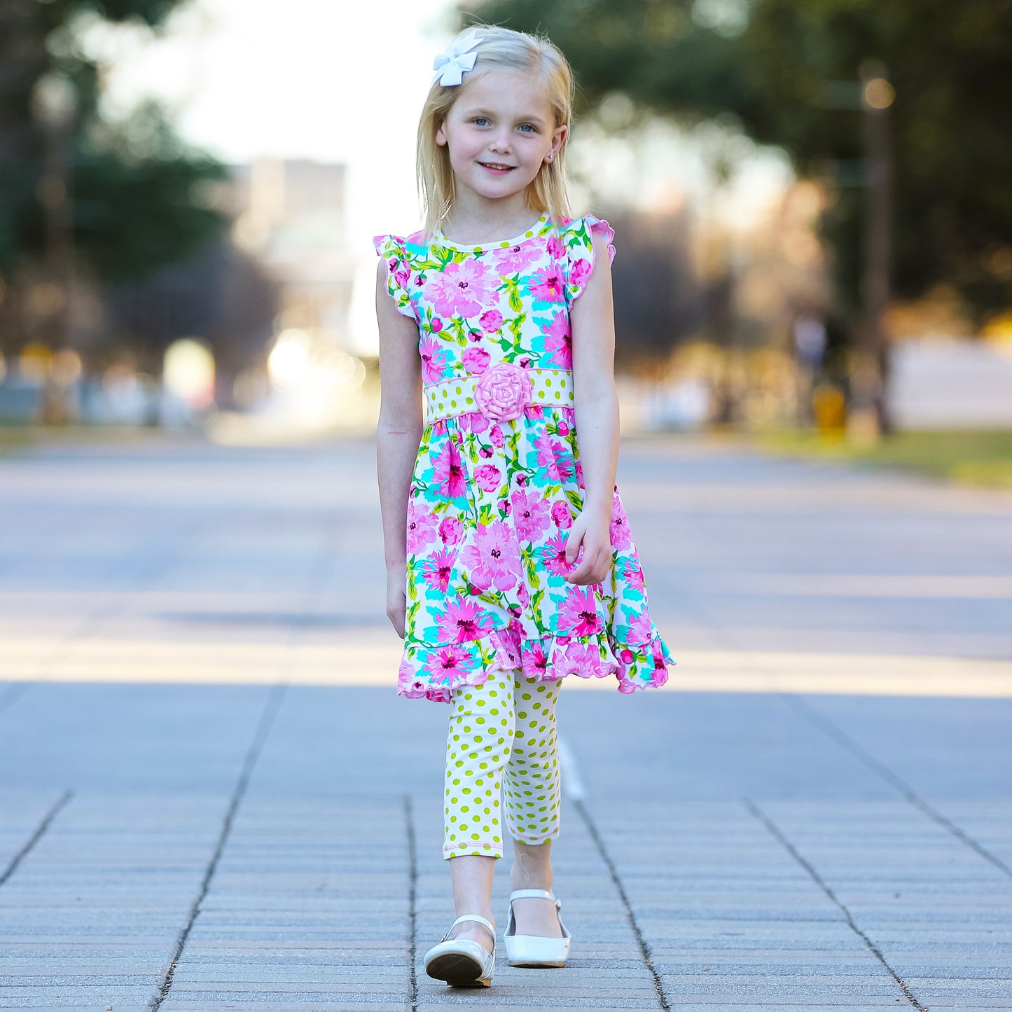 AnnLoren Little Girls Spring Floral Dress Polka Dot Capri Leggings